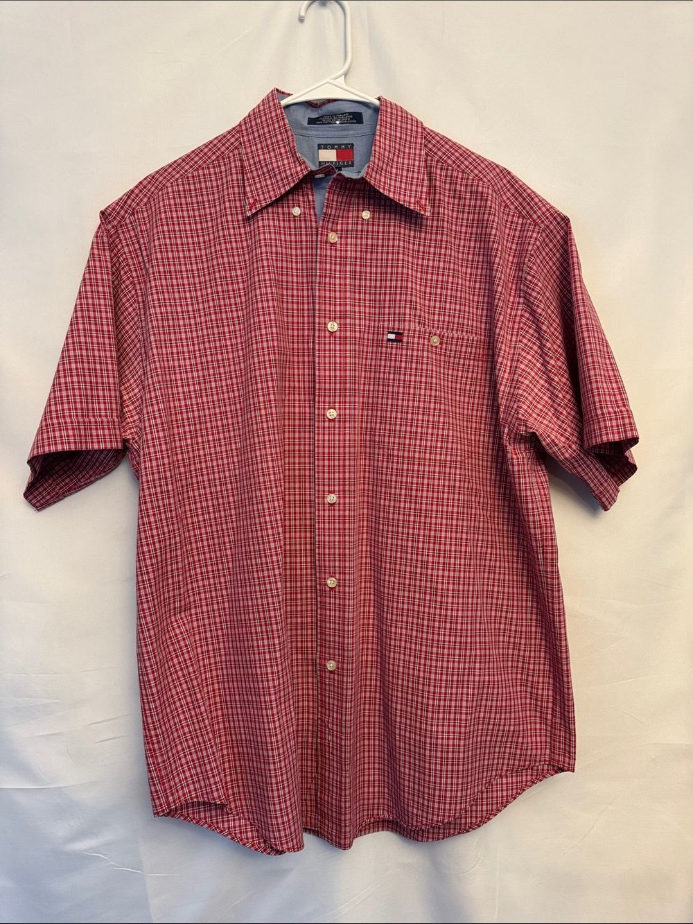 Vintage Tommy Jeans Mens Short Sleeve Button Down Shirt Red Plaid Flag Logo Med